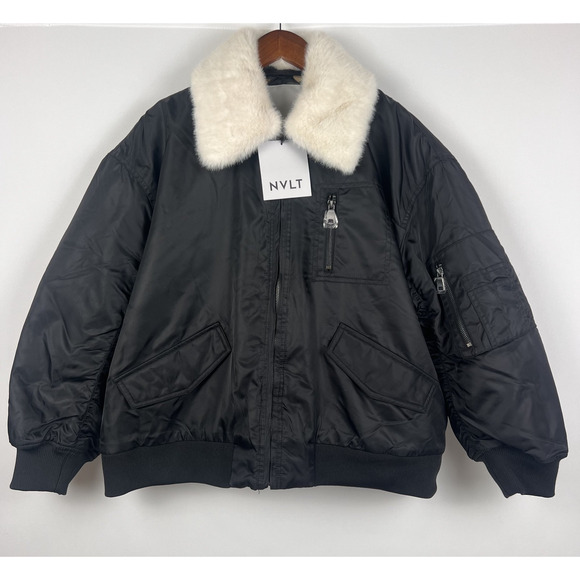NVLT x Anthropologie Faux Fur Collar Bomber Jacket L Black Aviator Camo lined - Picture 2 of 10